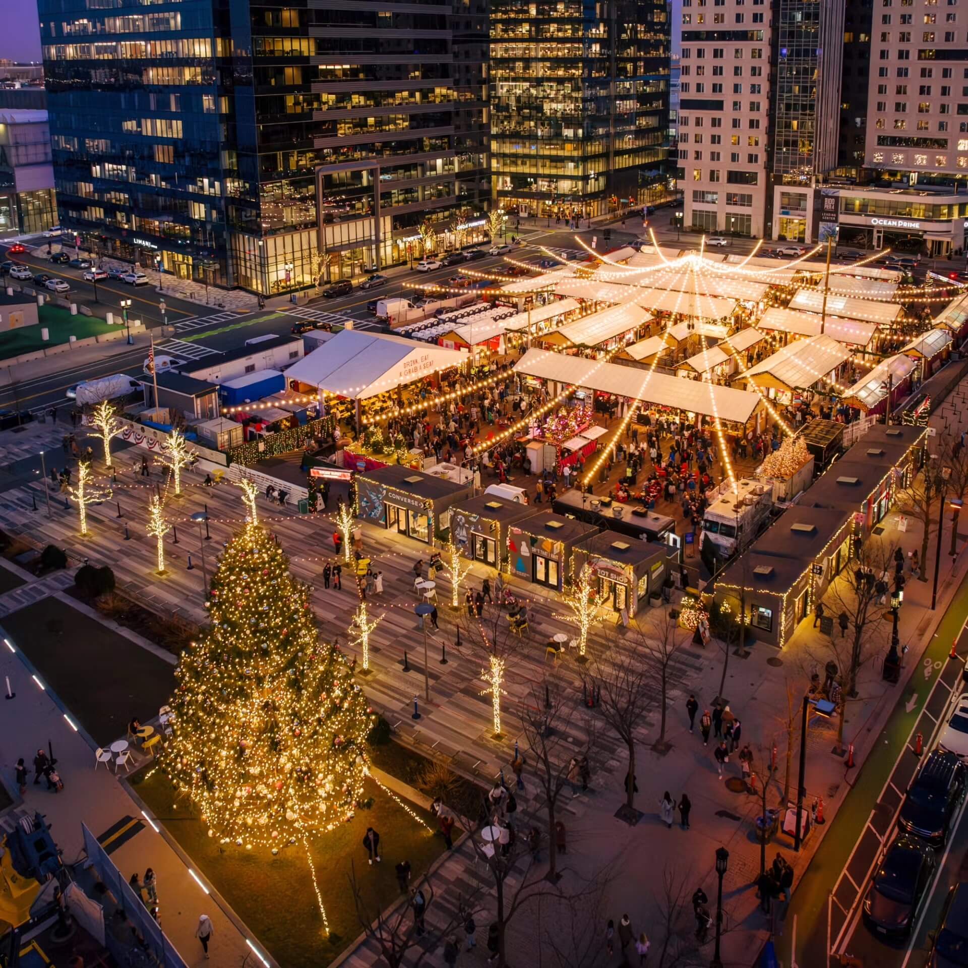 Aerial view of an outdoor holiday market.