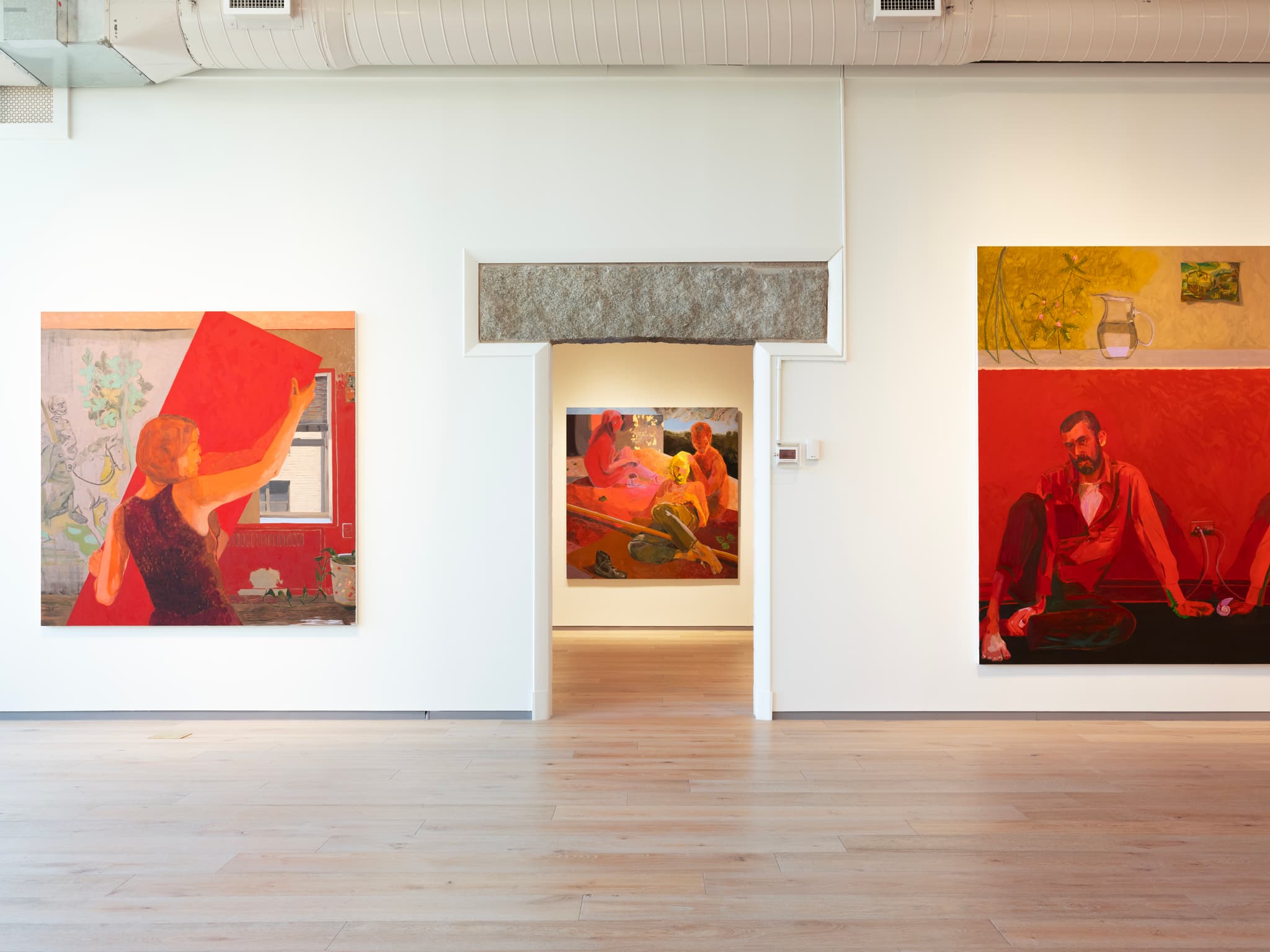 Three large featured artworks featuring rich tones of orange, red, and yellow. A woman carrying a mirror; friends huddled in a circle lying down and leaning on one another; a man casually seated staring off in contemplation.